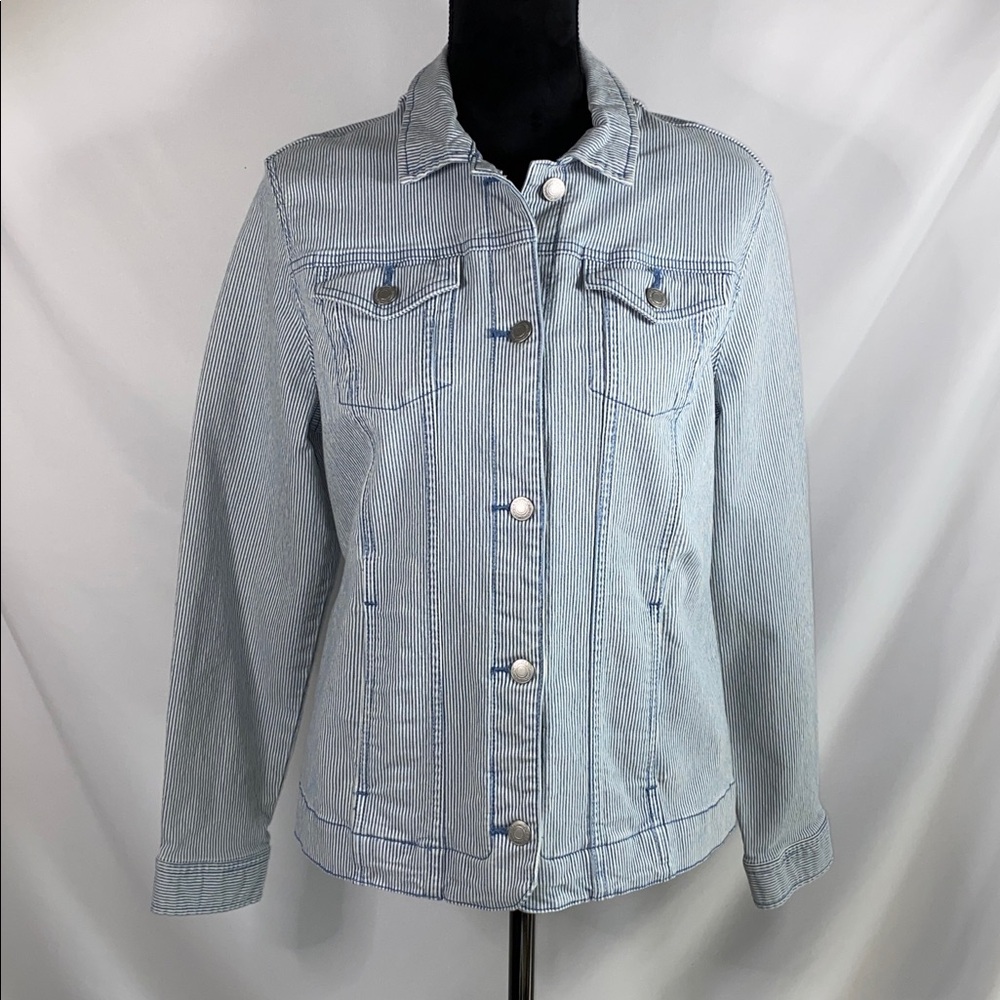 Croft Barrow Striped Denim Jean Jacket M Blue White Vertical Pinstripe Trucker